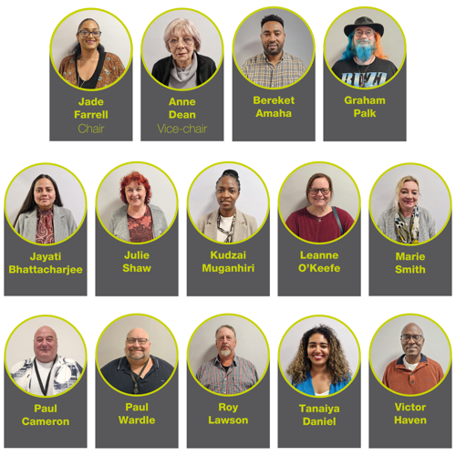 A poster showing the names and pictures of the 14 current members of the Housing Assurance Board