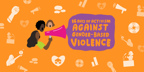 An illustration showing a lady holding up a megaphone with the words 16 Days of Activism Against Gender-Based Violence coming out of it